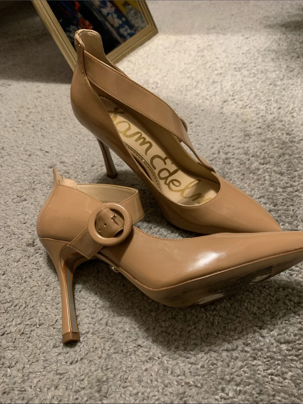 Sam Edelman Nude Patent Leather Pointed-Toe Stiletto Heels with Buckle